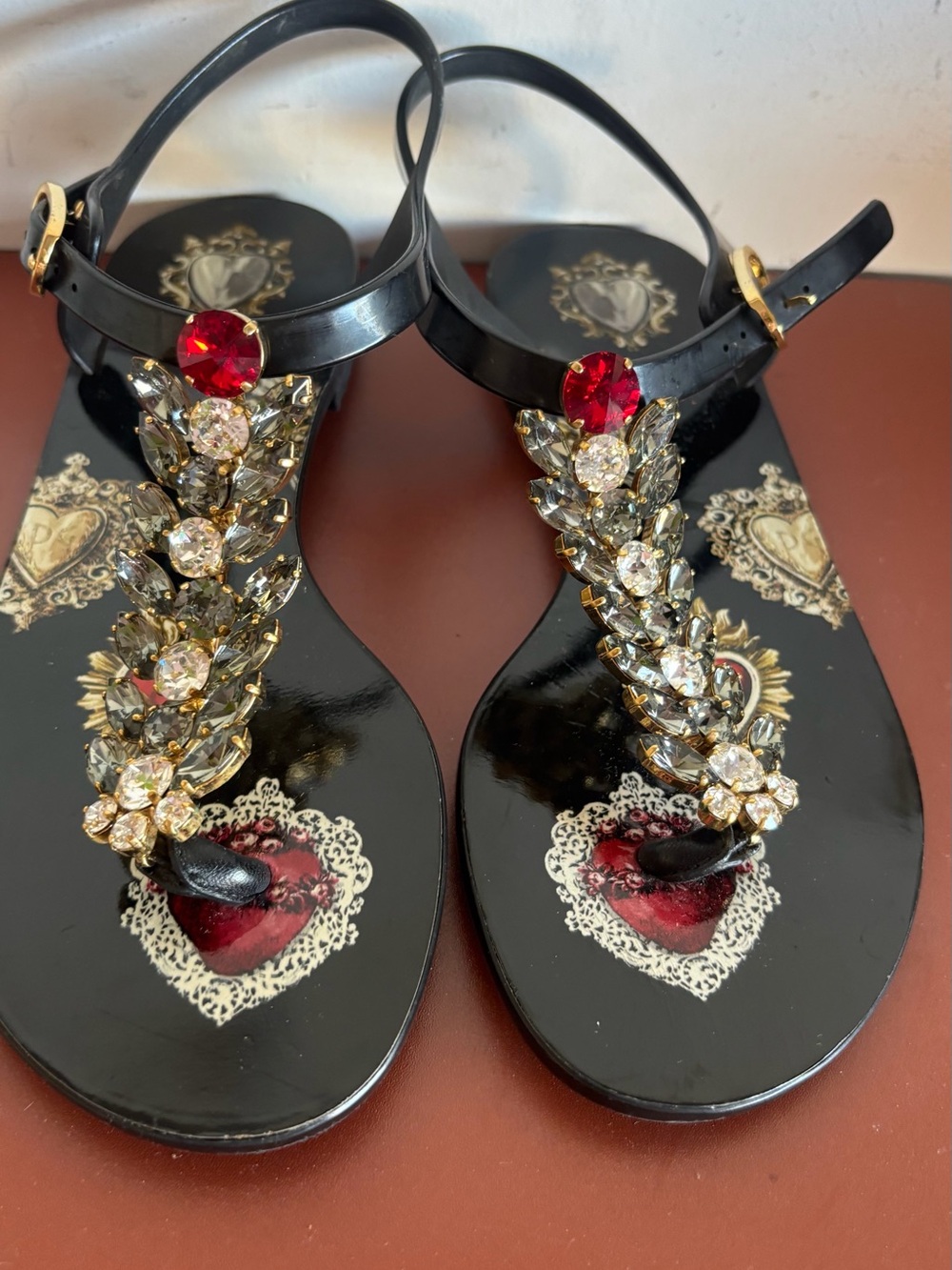 Dolce & Gabbana Black Sandals with Red Jewel Accent